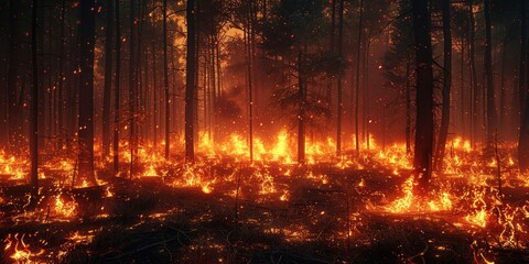 Intense Wildfire Blazing Through Dense Forest at Dusk