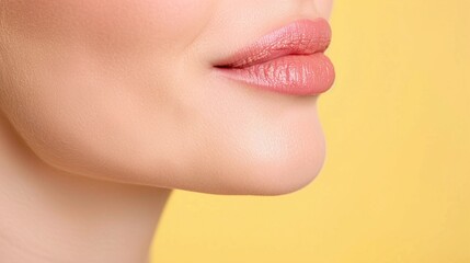 Obraz premium Close-Up of Natural Lips on Yellow Background, Soft and Nude Lip Color, Beauty and Makeup Concept, Minimalist and Elegant Look, Focus on Natural Lips, Yellow Themed Portrait