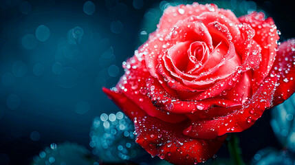 Macro shot of a red rose covered in water droplets with a bokeh background. Concept: beauty and nature. Ideal for floral marketing, greeting cards, and romantic campaigns