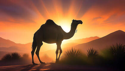 Backlit silhouette of a camel