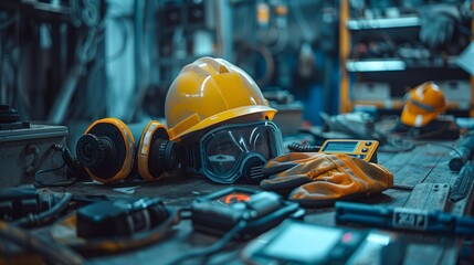 Fototapeta premium Industrial Workshop Table With Hard Hat, Safety Goggles, Protective Gloves, Respirator Mask And Precision Measurement Tools In A Heavy-Duty Engineering Environment
