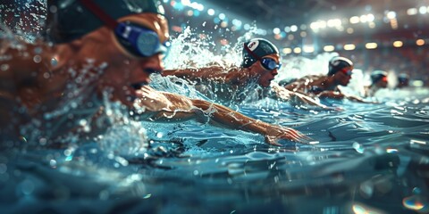 Photography of a dynamic swimming competition, capturing the intensity and teamwork in aquatic sports.