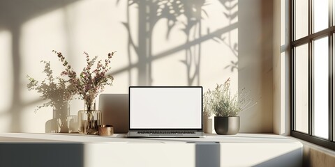 Photography of an open laptop with an empty screen, capturing the minimalist and modern design in a sunlit room.