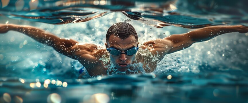 Photography of a muscular male swimmer performing a freestyle stroke, capturing the power and speed in swimming.