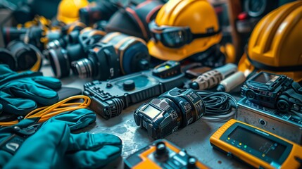 Fototapeta premium Industrial Safety Equipment And Inspection Devices Arranged On A Workshop Table With Hard Hats, Respirators, Communication Gear And Technical Measurement Tools
