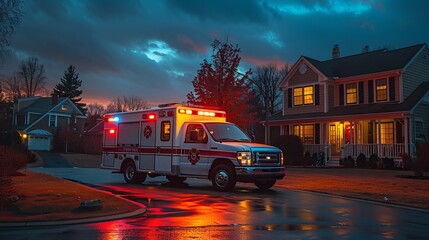 Ambulance Arriving at House at Night