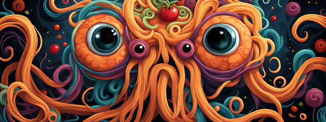 Naklejka premium Spaghetti monster pasta flying halloween funny food pastafarian sauce cartoon. Pop spaghetti pasta monster dish scary head art spooky fun meatball humor tomato isolated atheist religious lunch holy. 
