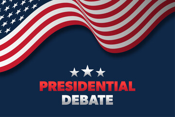 Presidential debate dark background with flag, stars, and text. USA elections, voting. Vector illustration.