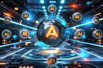 Obraz premium Futuristic AI control room with neon lights, artificial intelligence, advanced tech, digital interface, smart AI systems, high tech design
