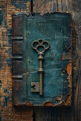 Antique Key on Distressed Vintage Book with Rustic Wooden Background