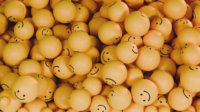 Balls with smiling faces falling down. Realistic design, 3d render animation. Social media concept, emoji. Digital world, marketing. Yellow color, animated stock footage
