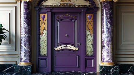 royal purple door with a glossy finish and Art Nouveau glass inserts, framed by a pair of elegant marble columns