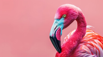 vivid flamingo with detailed blue beak on pink background