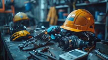 Fototapeta premium Industrial Safety Helmet With Gloves Respirator And Measuring Devices Placed On A Workshop Table Inside A Mining Facility
