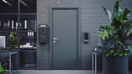 Fototapeta premium slate grey door on a high-tech startup office, featuring sleek design and innovative gadgets on display