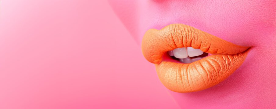 Close-up of female orange lips on pink background with space for text. Inspiration, idea, trendy urban magazine style. Negative space for text or advertisement.