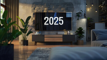 Countdown to 2025 on TV in a living room setting. 2025 countdown to midnight