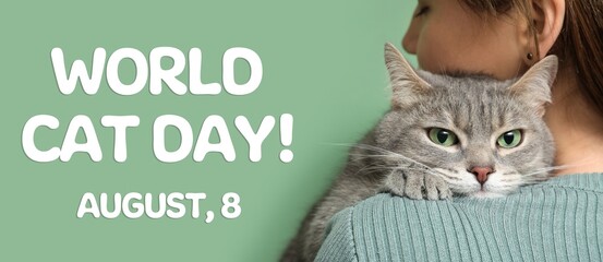 Banner for International Cat Day with young woman and her pet © Pixel-Shot