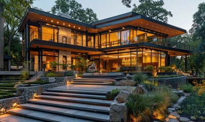 Evening shot of a beautiful home exterior with glowing interior lights and meticulously designed landscaping, offering a welcoming feel