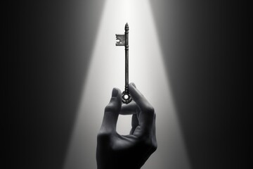 A hand holding a key with light shining through it, AI
