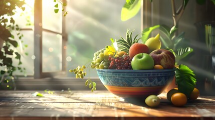 Still life composition with a bowl of fruit on a wooden table