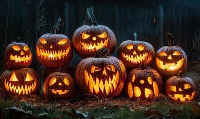 Fototapeta premium Different evil-faced pumpkins are illuminated in the darkness on Halloween night, casting an eerie glow and adding to the spooky festive atmosphere