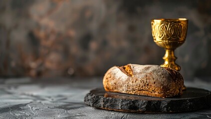 Chalice and loaf on grey background, symbolizing Holy Communion in today's Christian church services. Web banner with empty space on the left, following copyspace style