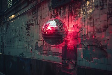 A shiny mirrored disco ball hangs against an old wall, setting the scene for a party at a ruin bar. The vintage atmosphere creates a unique contrast, with free space for text