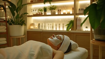 Woman lying on a spa treatment bed with facial mask and white towel wrapped around the head