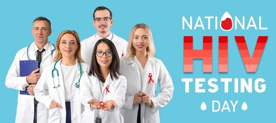 Banner for National HIV Testing Day with group of doctors with red awareness ribbons