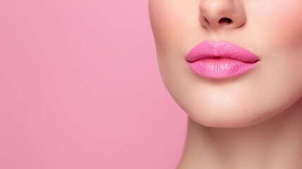 Obraz premium Close-Up of Pink Lips on Pink Background, Vibrant Pink Lip Color, Beauty and Makeup Concept, Bold and Feminine Look, Perfect Lip Makeup, Pink Themed Portrait, Focus on Pink Lips