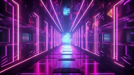 Fototapeta premium Futuristic Neon Hallway with Glowing Purple and Blue Lights