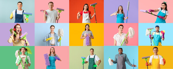 Group of people with mops and cleaning supplies on color background