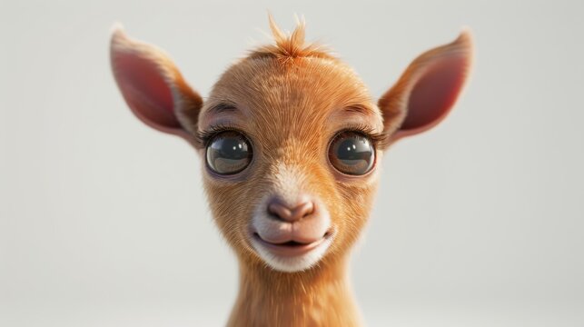 Cute close-up of a baby goat with large eyes and a tiny smile, studio shot. Adorable and playful animal concept