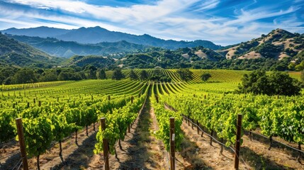 Scenic Vineyard with Picturesque Rows of Grapevines and Rolling Hills for a Tranquil and Beautiful Landscape - Generativ AI