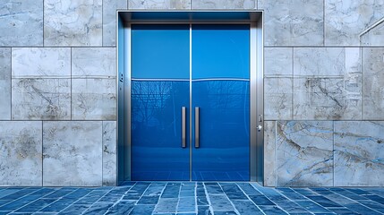 electric blue door with a high gloss finish, framed by natural stone tiles and minimalistic steel hardware