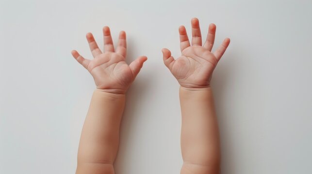 Baby's arms and hands reaching upwards against a white background