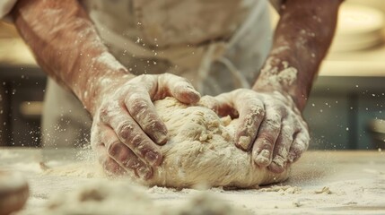 Baker kneading dough on a floured surface. Traditional baking and craftsmanship concept