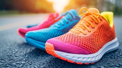 Close up view of athletic sneakers lined up at the starting point for a competitive sports event