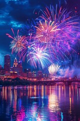 Fototapeta premium Vibrant fireworks over Minneapolis skyline and river, reflecting city lights and festive spirit.