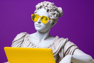  Modern technology meets classical art: marble statue with laptop and sunglasses on vibrant purple background