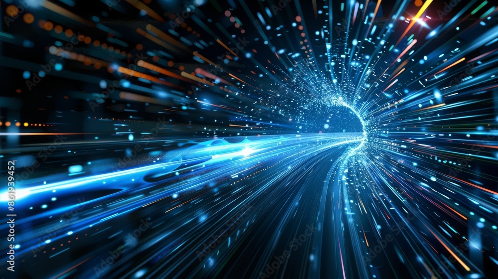 Poster a creative image showcases a light particle tunnel symbolizing speed and futuristic travel through s