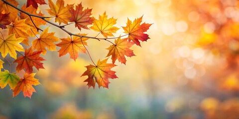 Fototapeta premium Branch with autumn red, orange, yellow maple leaves. Blurred background. Copy space.