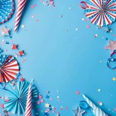 Obraz premium American flag color firecrackers and decor on blue background for usa holidays and election campaign