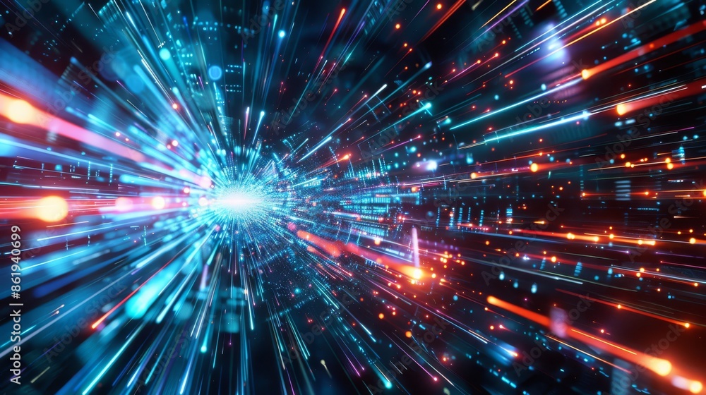 Poster futuristic warp drive effect, simulating lightspeed motion with dynamic visuals of cosmic accelerati