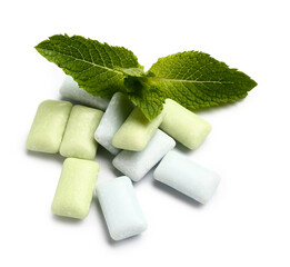 Heap of fresh chewing gums with mint on white background