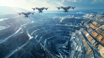 Futuristic Aerial Survey Drones Inspecting Massive Open-Pit Mining Terraces Under Clear Blue Daylight