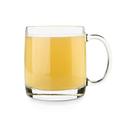 Glass cup of tasty vegetable broth on white background
