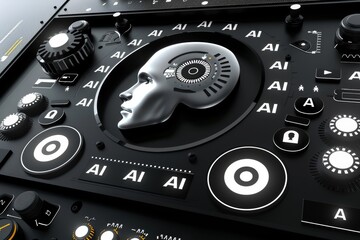 Fototapeta premium Black and white AI gears, digital innovation, mechanical brain, technology integration, cyber tech, futuristic design, AI mechanics, complex machinery, tech illustration, digital brain, mechanical int