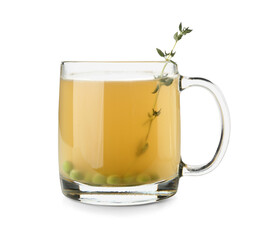 Glass cup of tasty vegetable broth on white background